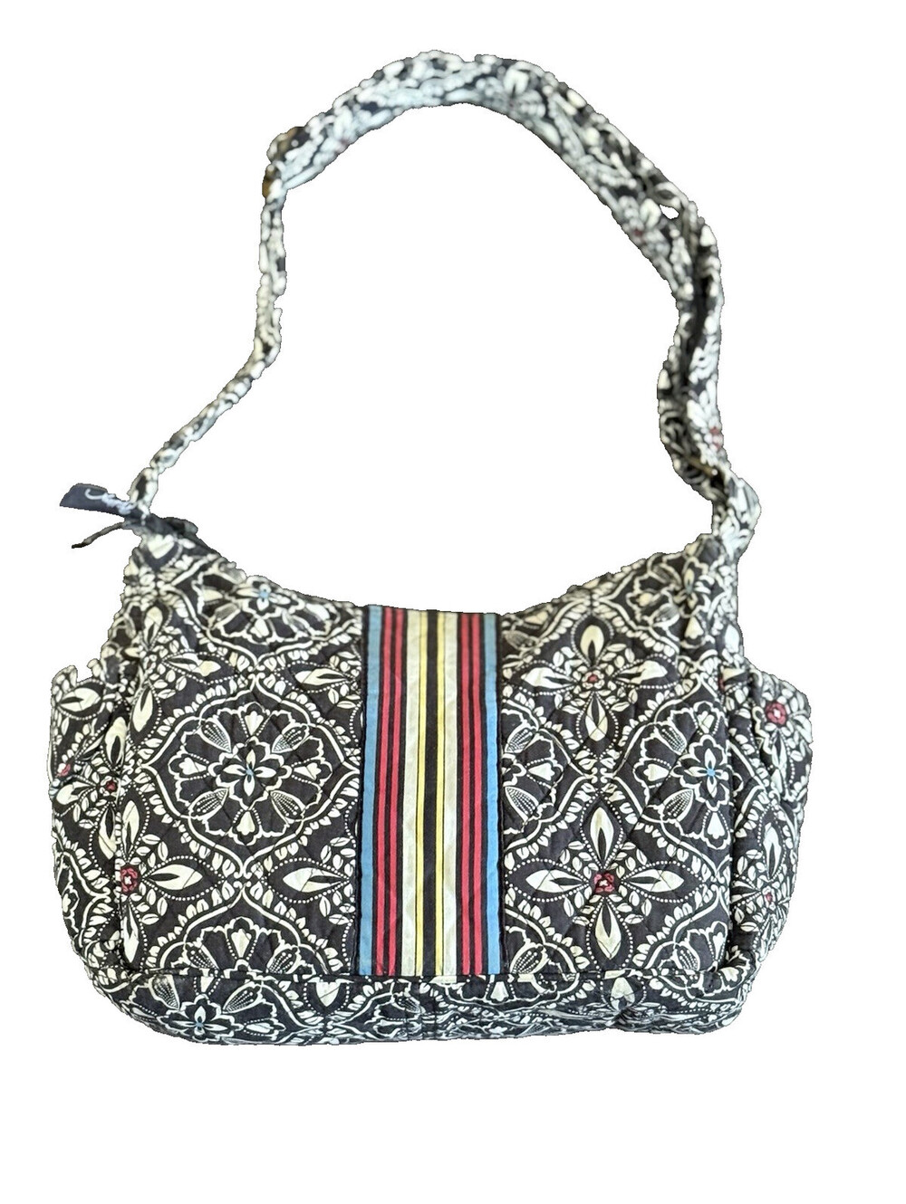 Vera Bradley Crossbody Messenger Bag Black White Multi Stripe Tortoise Buckle